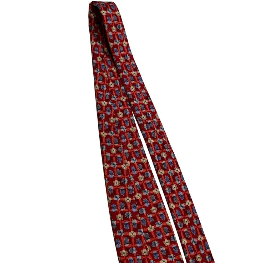 Luxury Ermenegildo Zegna Red Geometric Floral 100% Silk Italian Designer Tie
